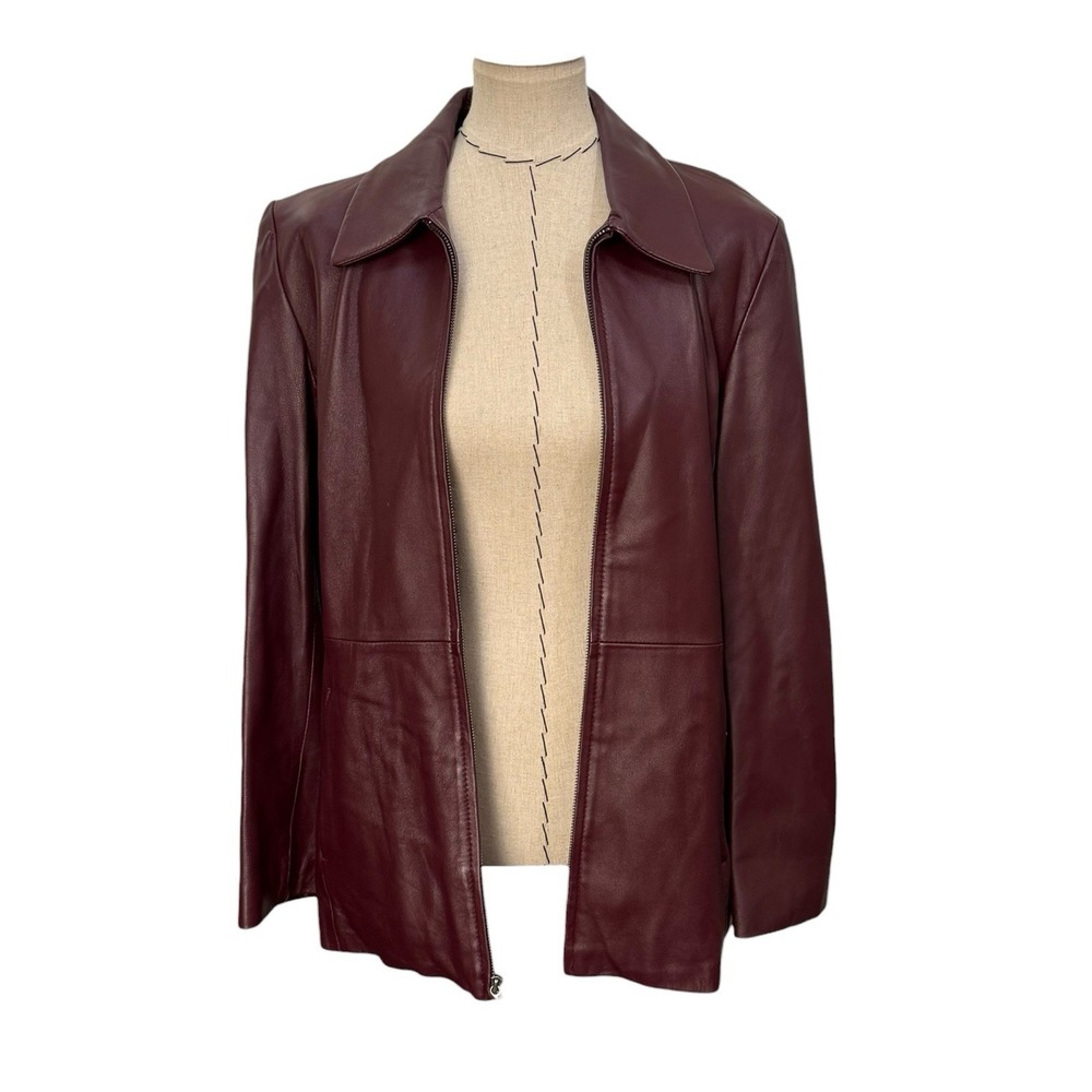 VTG JLC New York Womens Classic Burgundy Leather Fully Lined Zip Jacket EUC Lg
